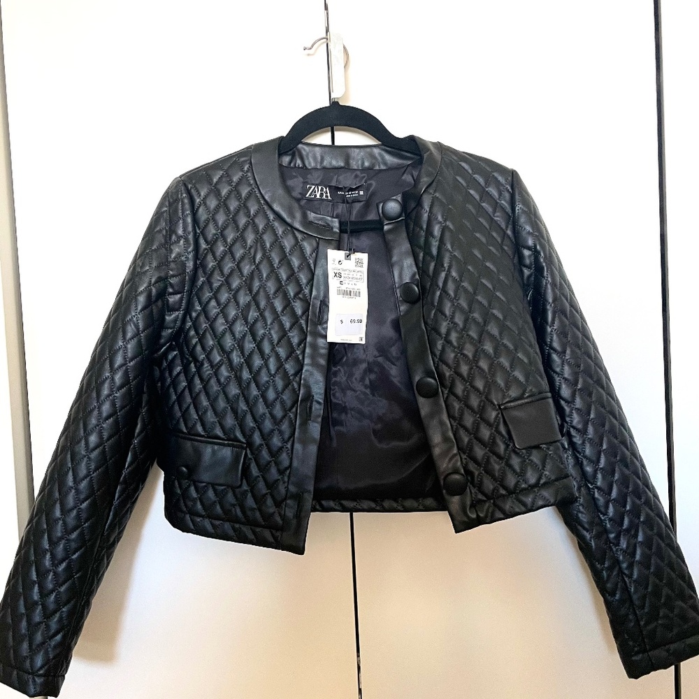 Zara black faux leather quilted jacket, brand new, XS